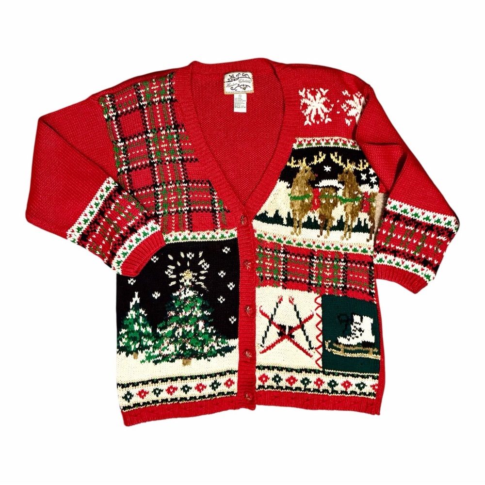 Vintage Heirloom Collectibles Christmas Tree Reindeer Plaid Holiday Cardigan